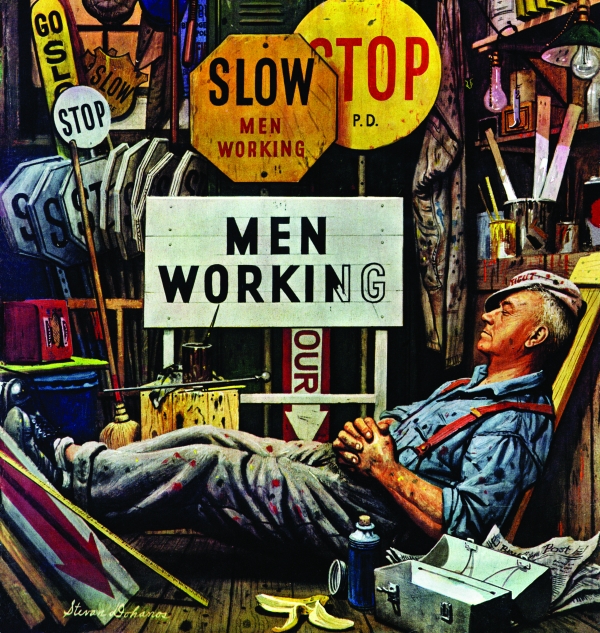 Construction worker sleeps underneath a "Men Working" sign.
