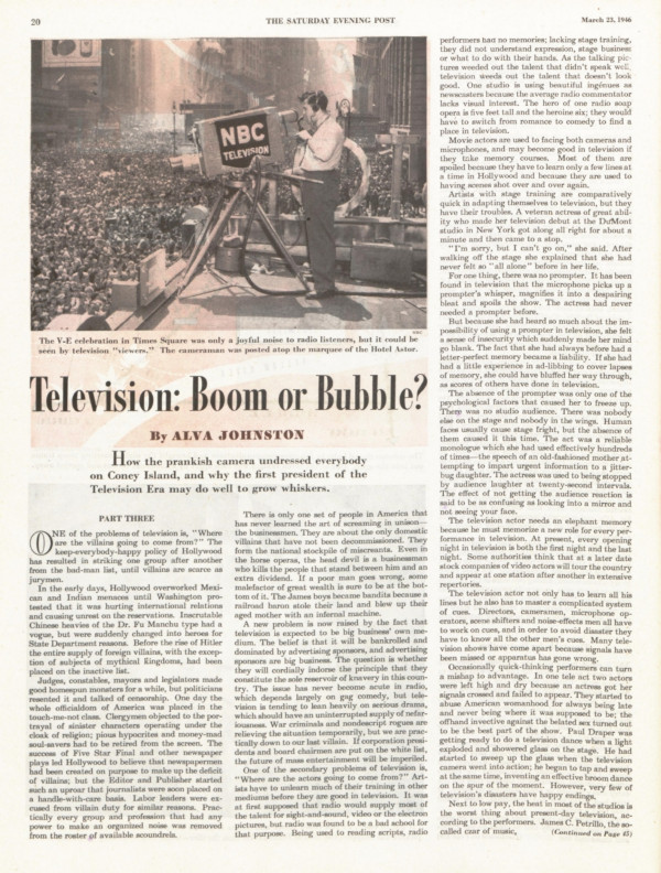 First page of the third part of the article "Television: boom or bubble." This image links to the full article from the archive.