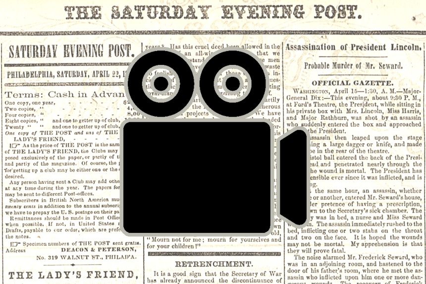 An image of The Saturday Evening Post's front page during the 1860s with a film camera icon superimposed over it.