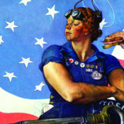 Norman Rockwell's iconic "Rosie Riveter" cover, featuring a female construction worker eating lunch with her jackhammer on her lap.