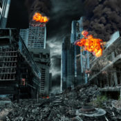 A city is completely destroyed in this computer generated image.