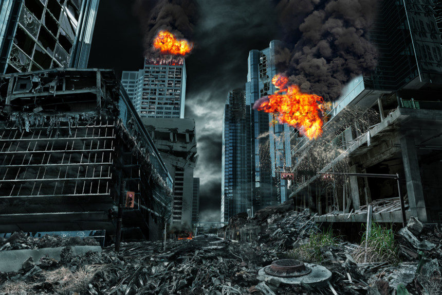 A city is completely destroyed in this computer generated image.