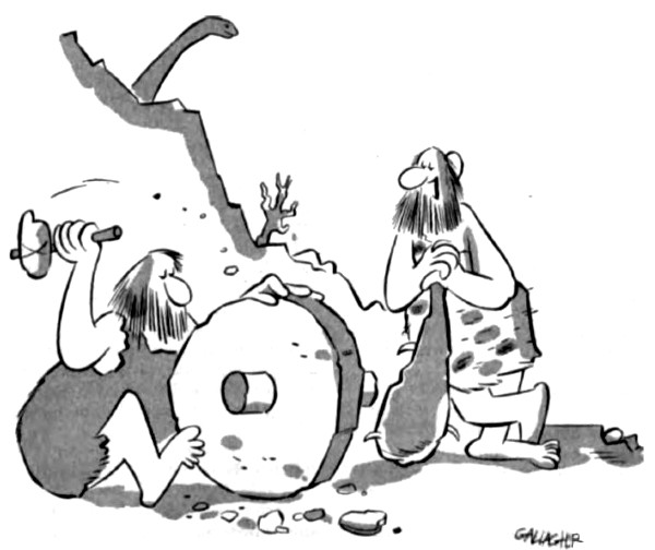 Caveman inventor creates the wheel while his stupid friend asks him a question.