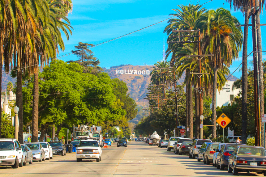 View of the Hollywood sign from an Los Angeles street