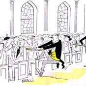 Church deacon wrestles a donation plate from a parishioner