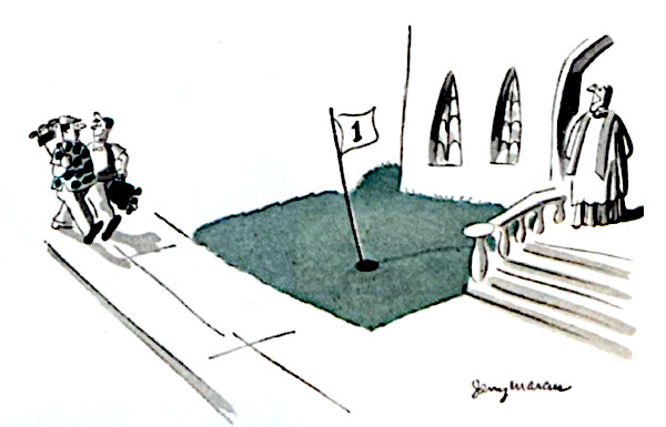 Two golfers walk to a putting green that's located right outside a church, where a priest is waiting for them.