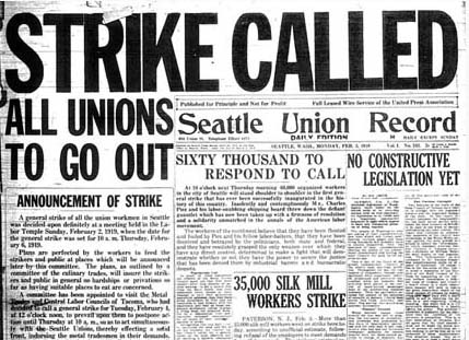 The front page of the Seattle Union Record with the headline "STRIKE CALLED. ALL UNIONS TO GO OUT"