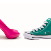 A pink pump and a green tennis shoe.