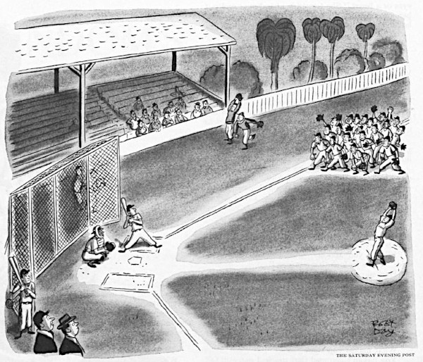 An entire baseball team crowds around third base to stop a feared batter from hitting the ball in that direction.
