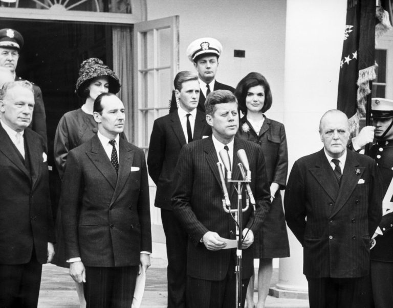 Winston Churchill receiving honorary U.S. citizenship from President Kennedy in the White House Rose Garden