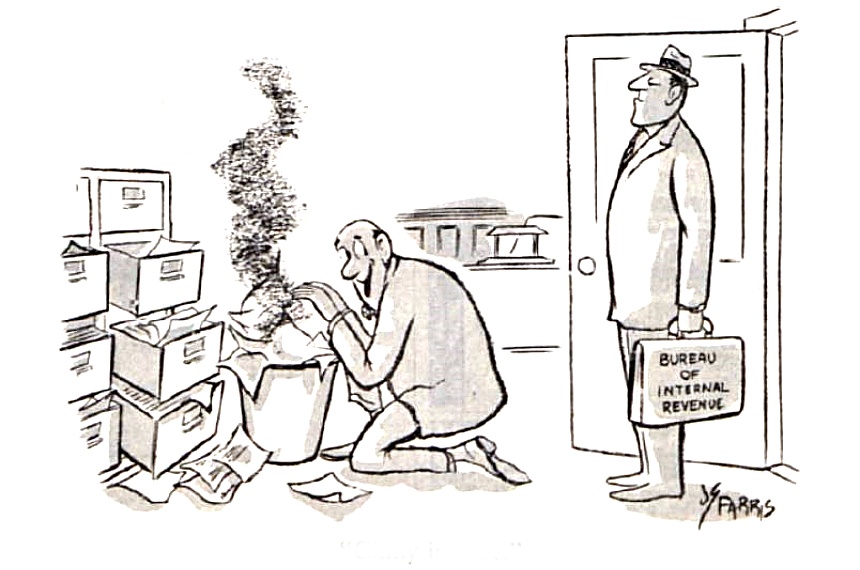 Man burning financial documents before an IRS agent arrives for an audit.