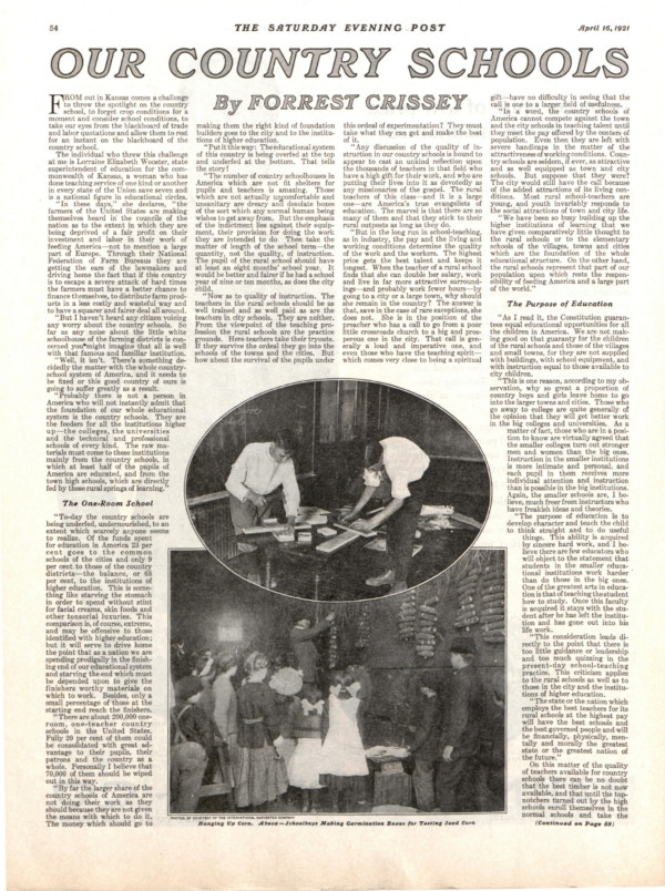First page of the article "Our Country Schools"