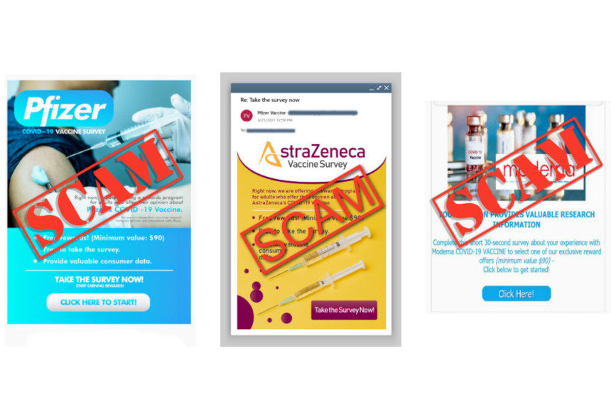 Examples of scams targeting people who recently got their coronavirus shots.