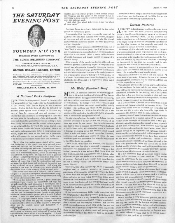 The page where the editorial "A National Parks Program" appeared in the Post.