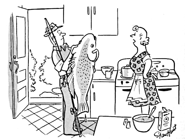 Man brings large fish in to his dissapointed wife.