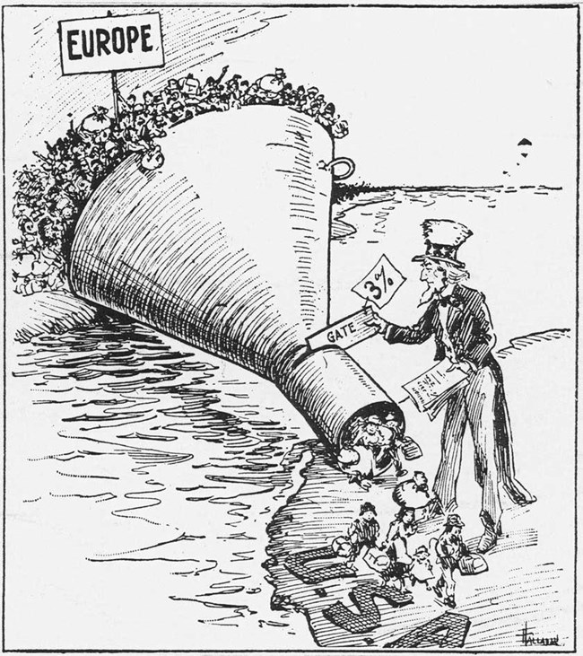 political cartoon depicting Uncle Sam limiting immigrants into America