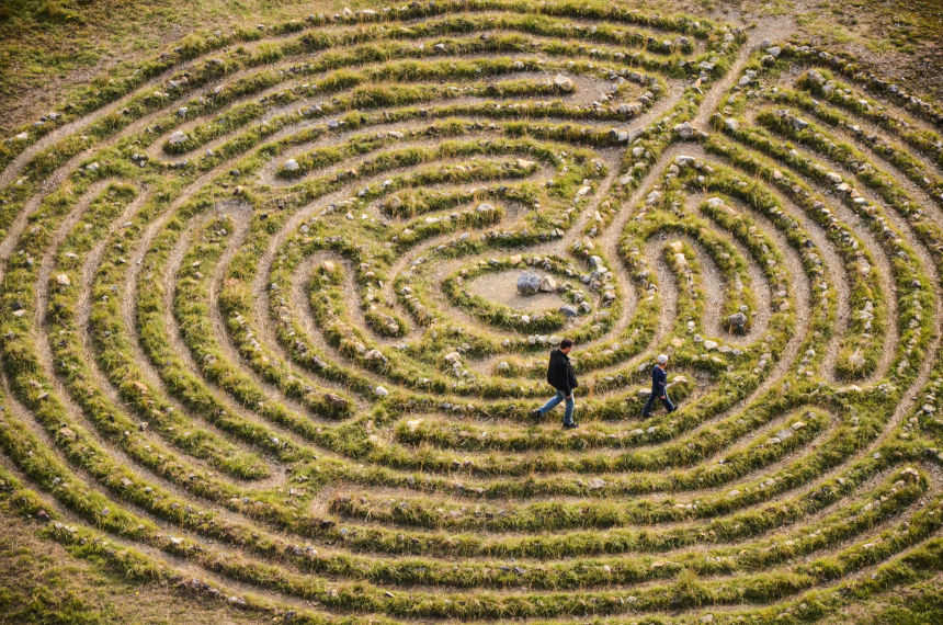 Father and son wandering through a maze cut in a grass field