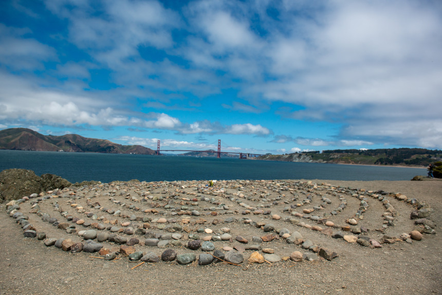 A rock maze on a beach near the Golden Gate Bridge