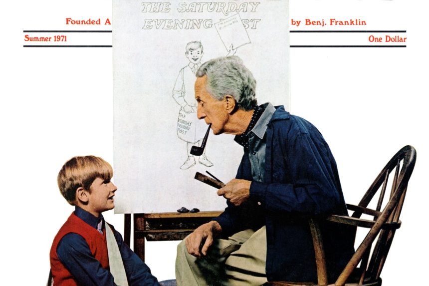 Norman Rockwell with a child model for a Postboy cover