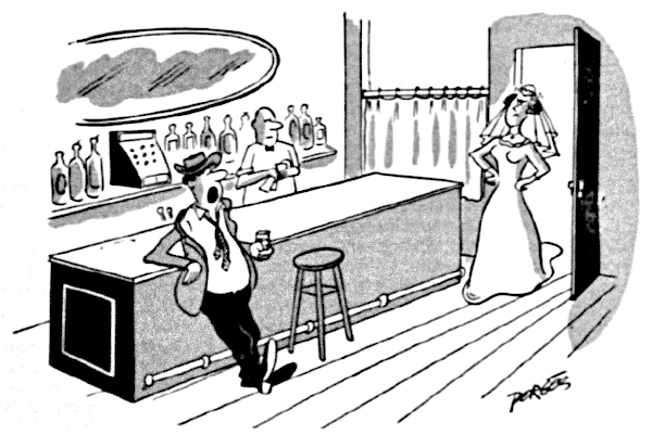 Angry bride finds her drunk groom at a bar.