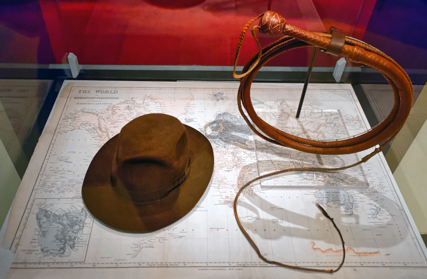 Indiana Jones' hat and whip on display