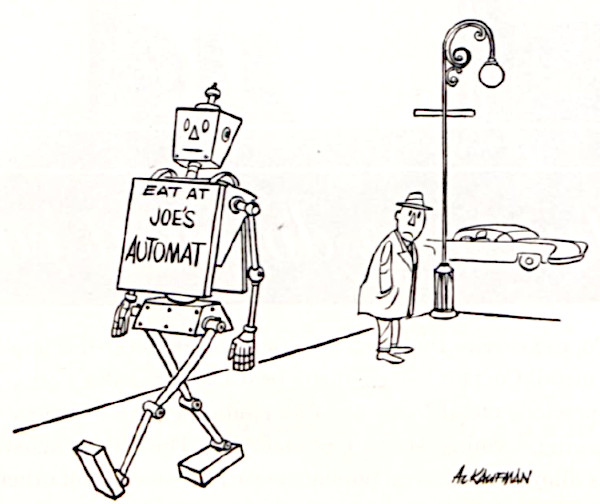 Robot with a sign advertising "Eat at Joe's Automat"