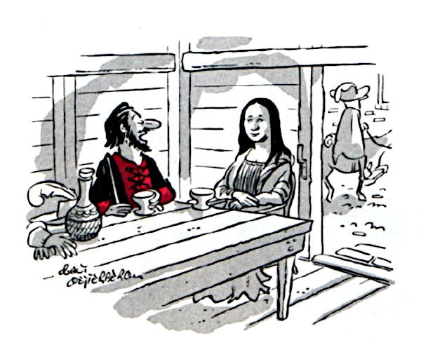 Leonardo Da Vinci meets Mona Lisa in a cafe.