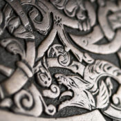 Viking wood carving depicting a wolf