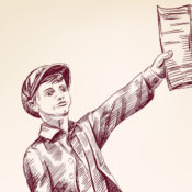 Illustration of a newsboy holding out a paper.