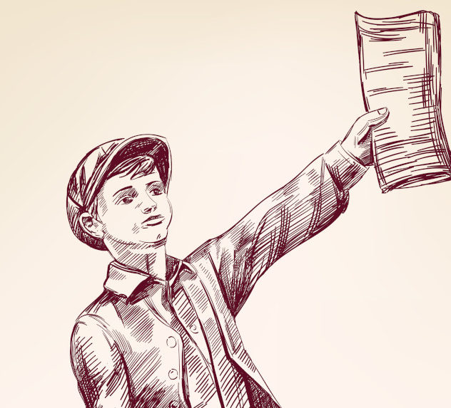 Illustration of a newsboy holding out a paper.