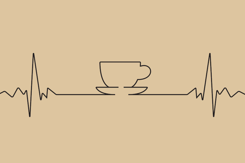 A cardiogram with a coffee mug shape in the middle of the graph.