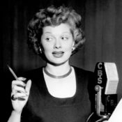 Lucille Ball performing in a radio booth