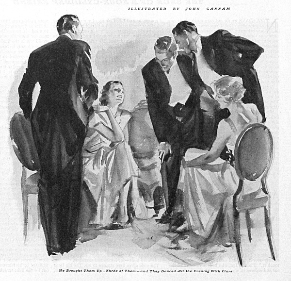 Story illustration of high class men and women in fine dress talking.