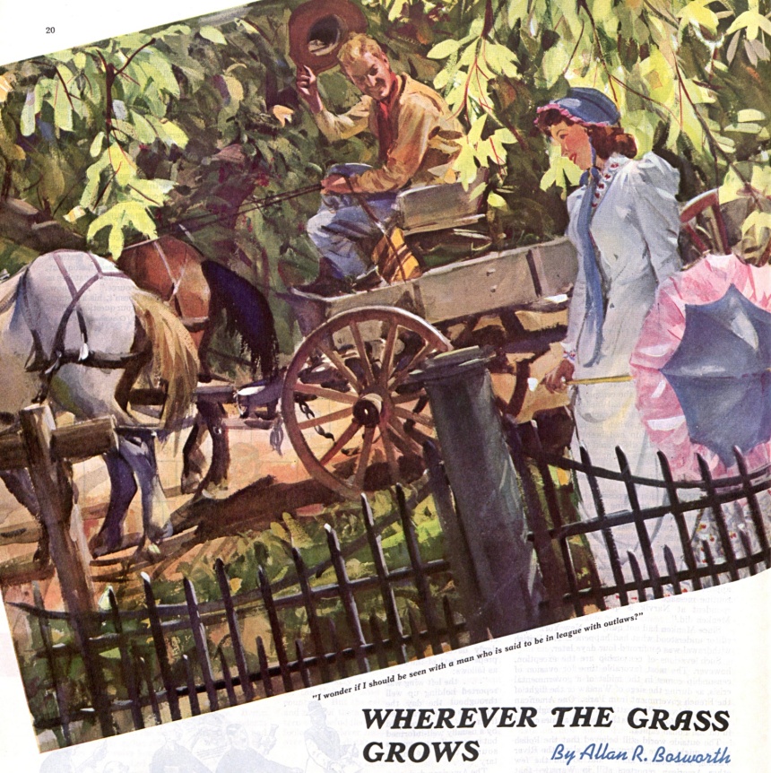 Illustration of a cowboy tipping his hat to a lady as he drives by in his horse-drawn wagon