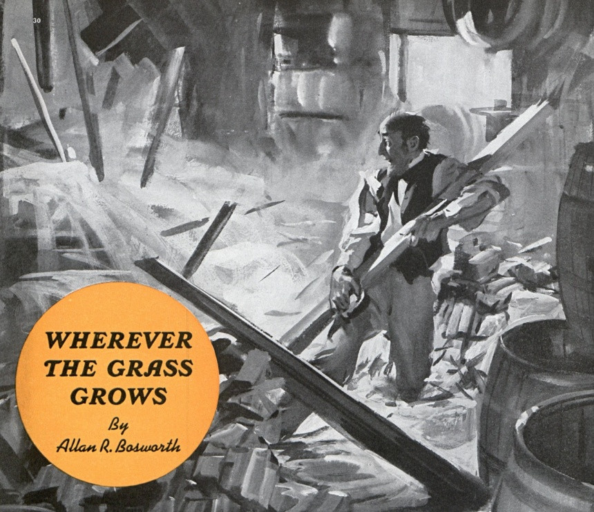 Illustration of a man trying to clear wreckage in a collapsed home.
