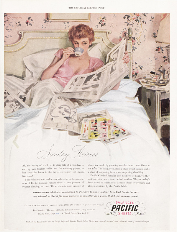 Advertisement for Pacific Mills bedsheets, featuring a woman having breakfast and reading the newspaper in bed.