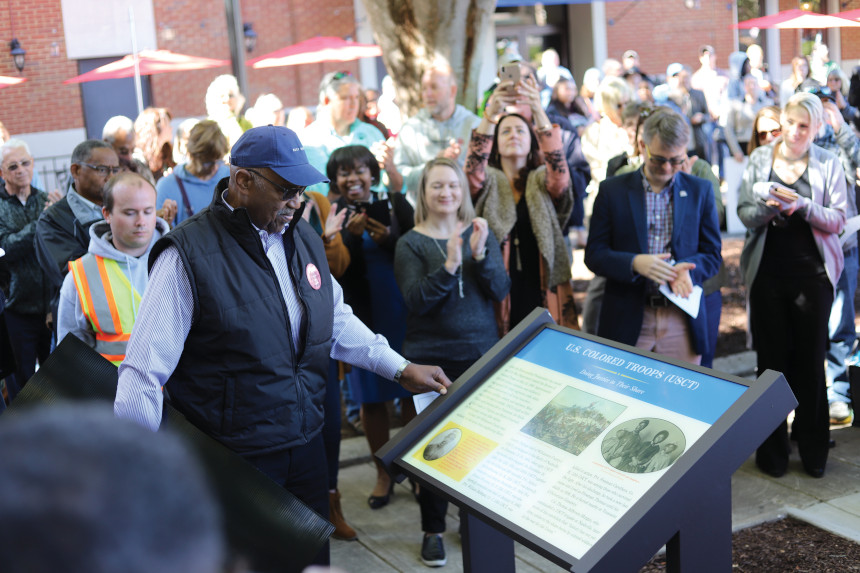 Recognizing Black history: Pastor Sawyers unveils one of the five “Fuller Story” markers at the unveiling ceremony in October 2019. (Matt Masters/Williamson Home Page)