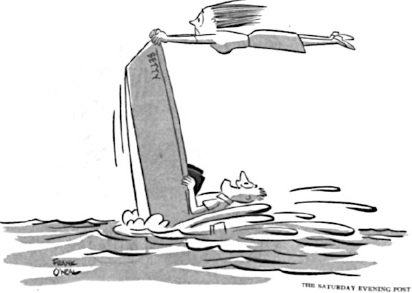 Woman grasping the bow of a speedboat as her husband drives it so fast that the craft points straight up as it moves through the water.