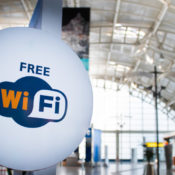 Sign in an airport advertising free public wi-fi network.