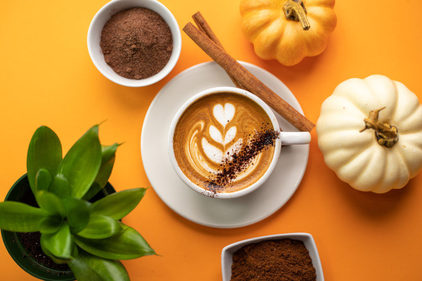 Cup of pumpkin spice latte with pumpkins