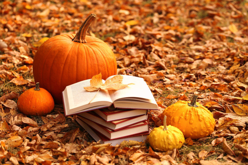 Books, leaves, and pumpkins