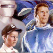 Illustration (detail) of Bobby and Klaatu used on the cover of Filmfax magazine (courtesy Michael Stein, Filmfax, illustration by Harley Brown)