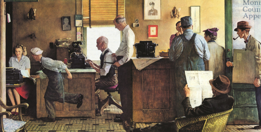 Illustration of Norman Rockwell walking into the office of the Monroe County Appeal