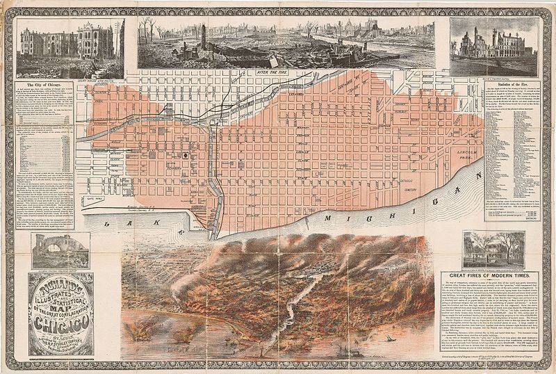 Map of how the Great Chicago Fire spread through the city.