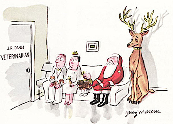 Santa and his reindeer waits in a vet's office.