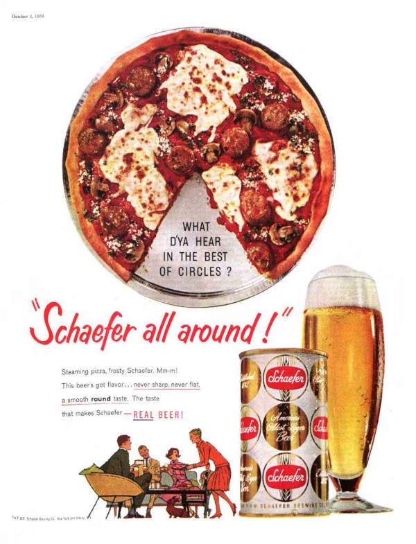 Ad for Schaefer beer and pizza