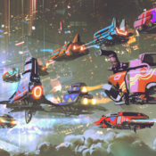 Flying cars in a futuristic city