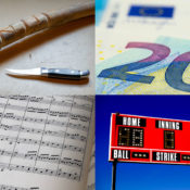 Composite of four images: A wood file, the number "20" on a Euro, a sheet of music, and a scoreboard.