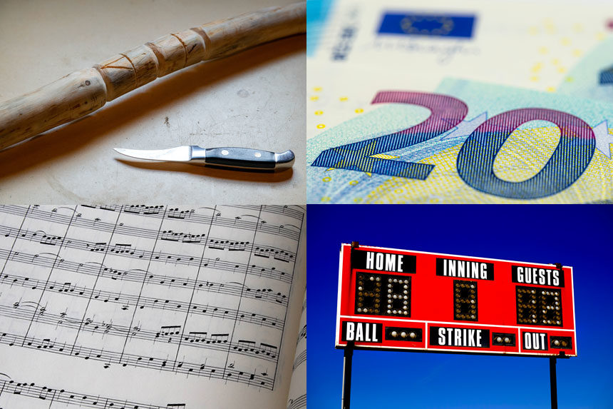 Composite of four images: A wood file, the number "20" on a Euro, a sheet of music, and a scoreboard.