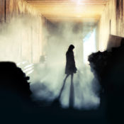 A silhouette of a mysterious woman in a misty hallway.